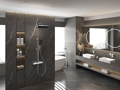 Minimalizm z nutą eleganckiego glamour - luksusowa, granitowa łazienka z klasyczną chromowaną armaturą - aranżacje łazienek z produktami Avapax