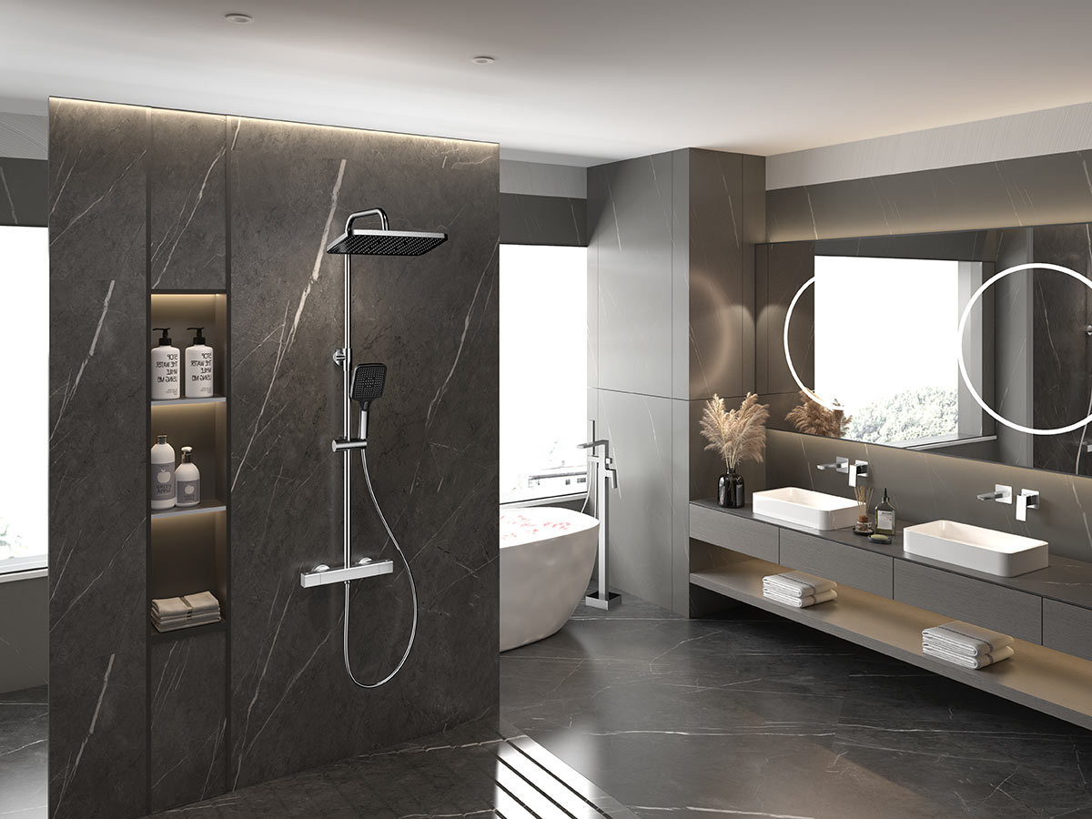 Minimalizm z nutą eleganckiego glamour - luksusowa, granitowa łazienka z klasyczną chromowaną armaturą - aranżacje łazienek z produktami Avapax